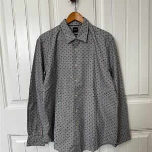 BOSS Men's Button- Down Shirt - Blue and Orange Dots